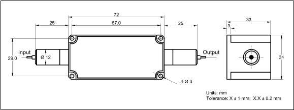 YESWEHAVE PM Isolator 20 W 980 nm dimensions and engineering drawing in mm.