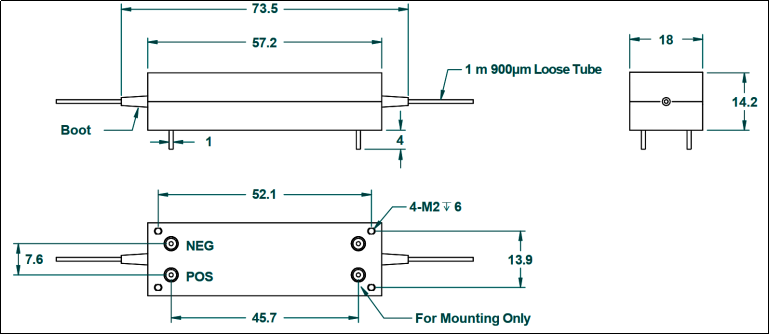 YESWEHAVE Tunable Filter - 4 pins dimensions and engineering drawing in mm.
