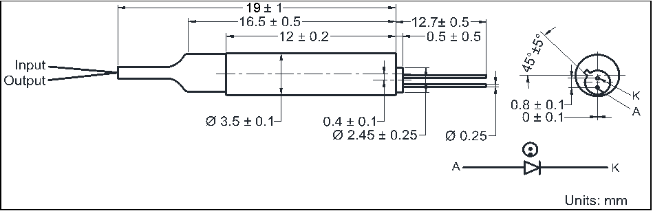 YESWEHAVE Tap Photodiode dimensions and engineering drawing in mm.