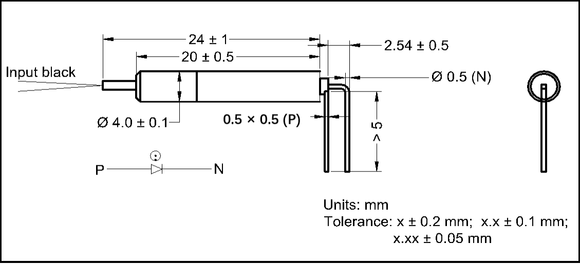 YESWEHAVE Tap Photodiode dimensions and engineering drawing in mm.