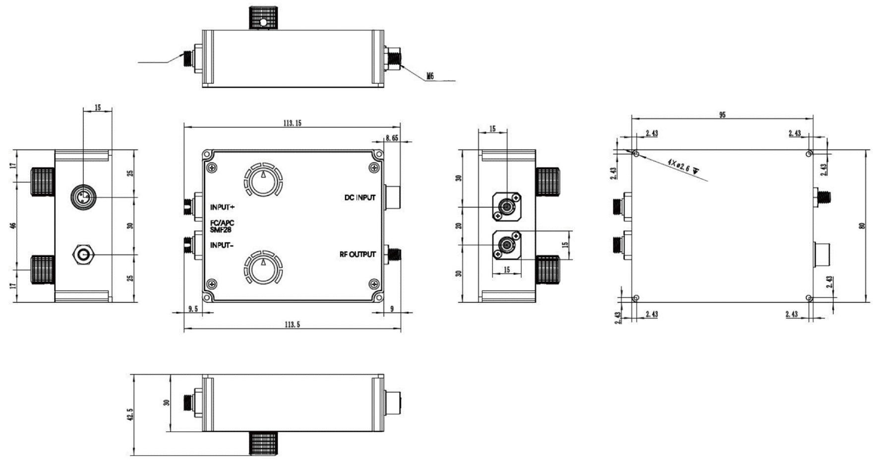 YESWEHAVE Balanced Amplified Photodetector with Fast Monitor Output dimensions and engineering drawing in mm.