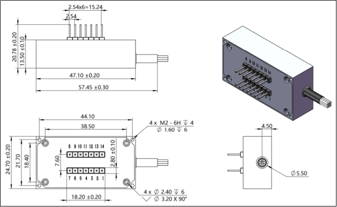YESWEHAVE MEMS 1x4 PM Switch Module dimensions and engineering drawing in mm.