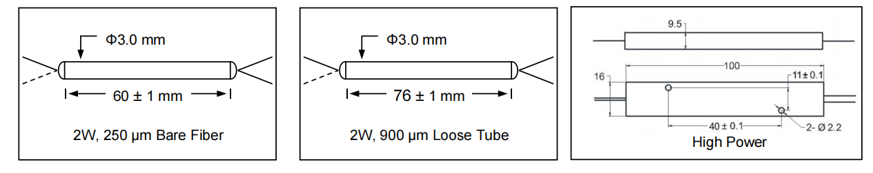 YESWEHAVE PM WDM 980/1550 nm dimensions and engineering drawing in mm.