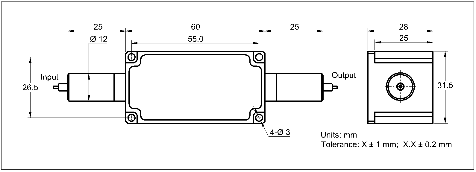YESWEHAVE Isolator 10 W 1064 nm dimensions and engineering drawing in mm.