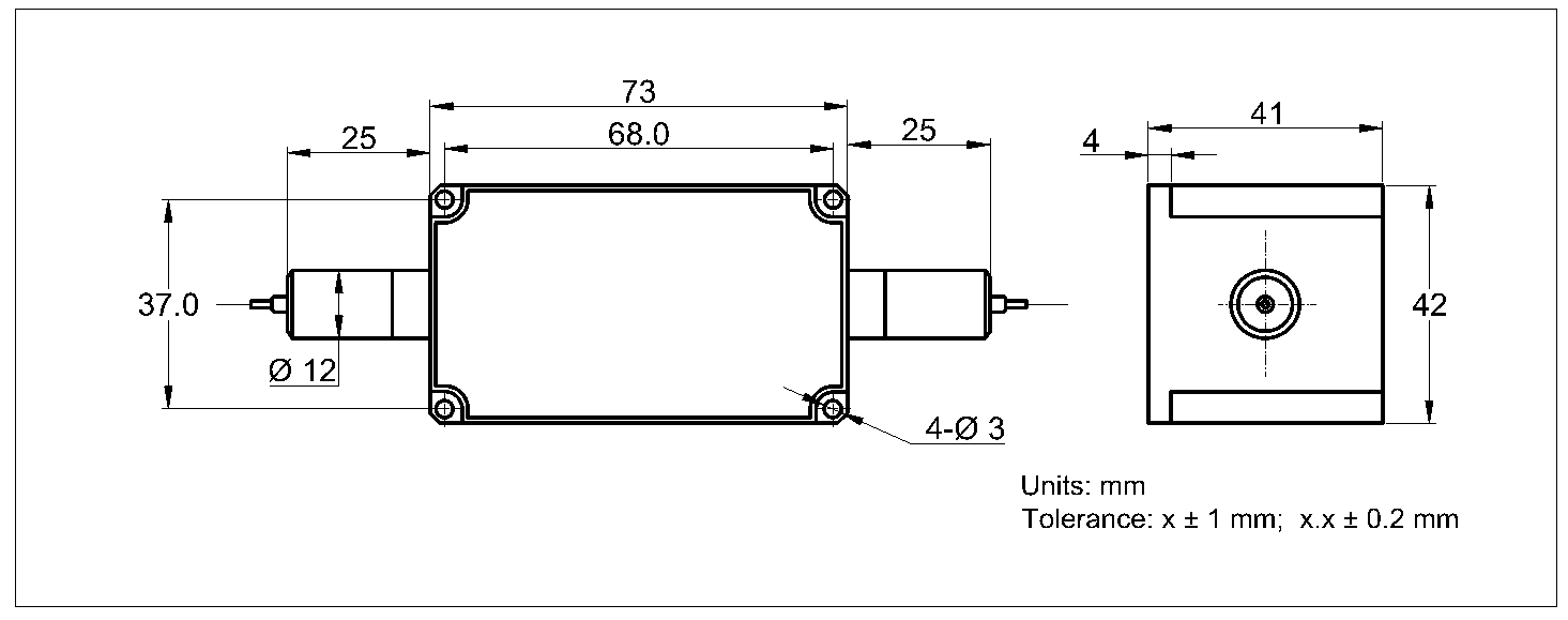 YESWEHAVE Isolator 10/20 W 1030 nm dimensions and engineering drawing in mm.