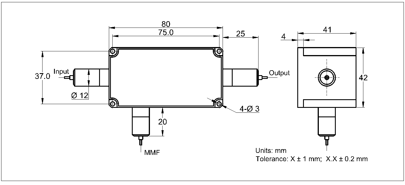 YESWEHAVE Isolator 10/20 W 1030 nm dimensions and engineering drawing in mm.
