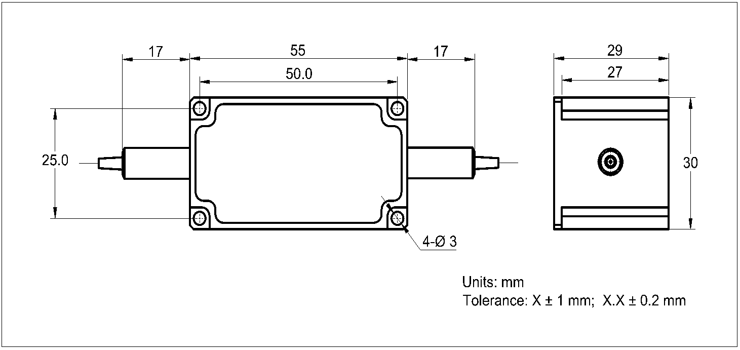 YESWEHAVE PM Isolator 500 mW 850 nm dimensions and engineering drawing in mm.