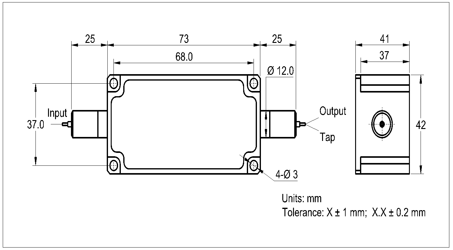 YESWEHAVE PM Tap Isolator 10 W 1064 nm dimensions and engineering drawing in mm.