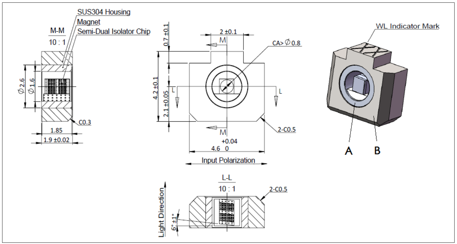 YESWEHAVE Isolator Epoxy 300 mW 1310/1550 nm  dimensions and engineering drawing in mm.
