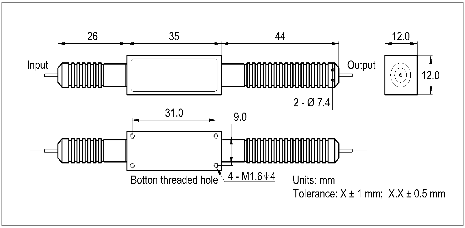YESWEHAVE Isolator 20 W 1550 nm dimensions and engineering drawing in mm.