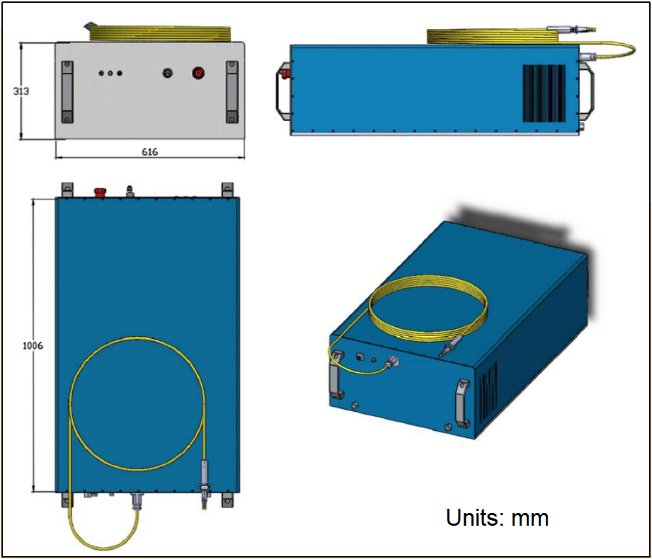YESWEHAVE 1000 / 2000 W Blue Diode Laser dimensions and engineering drawing in mm.