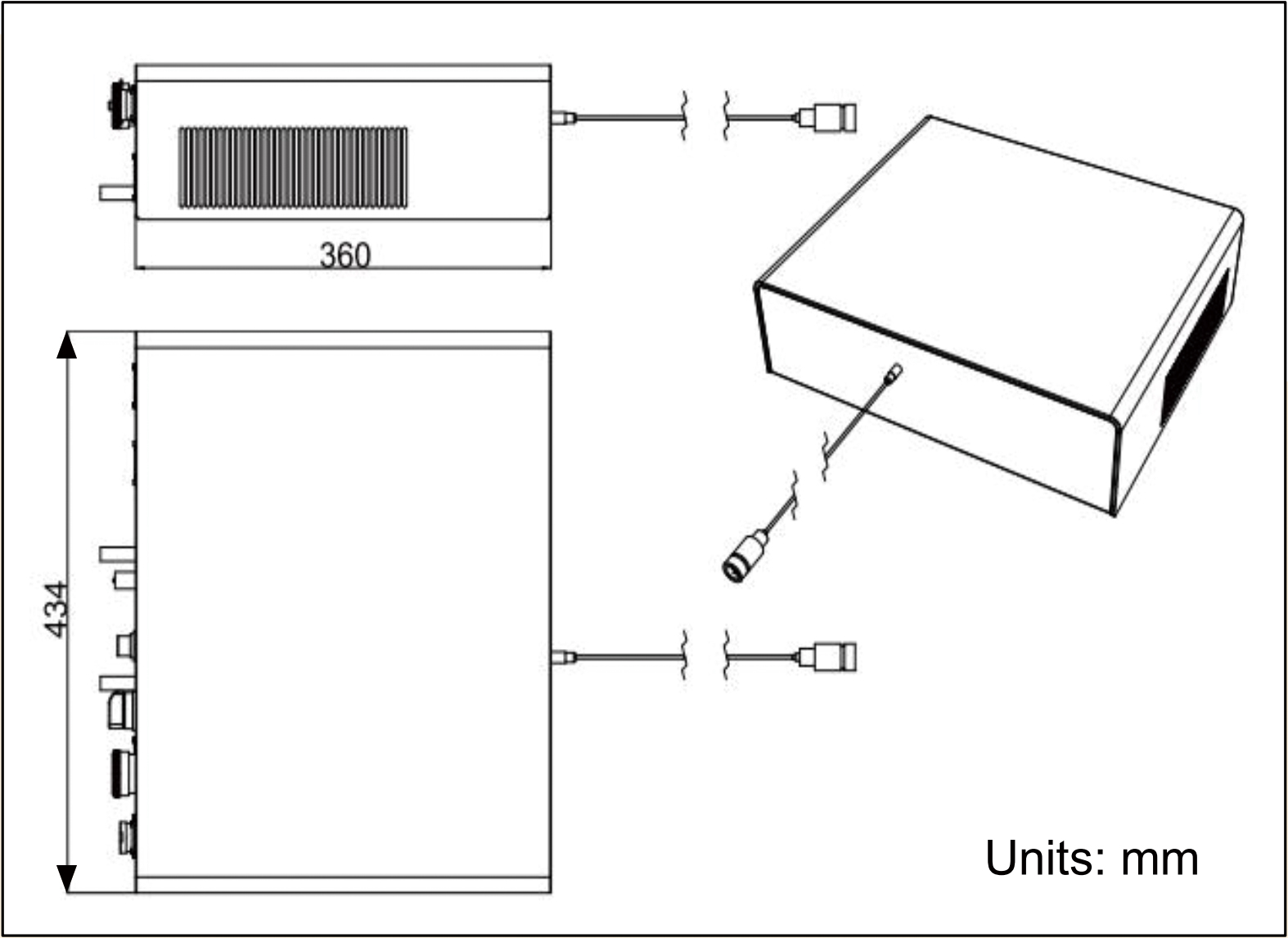 YESWEHAVE 250 W Blue Diode Laser dimensions and engineering drawing in mm.