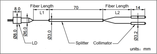 YESWEHAVE Visible Laser Diode with Splitter and Collimator dimensions and engineering drawing in mm.