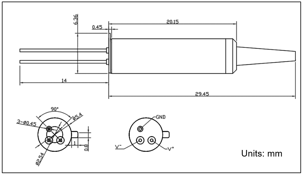 YESWEHAVE MEMS VOA dimensions and engineering drawing in mm.