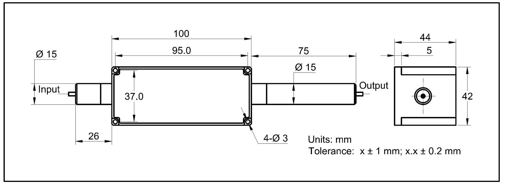 YESWEHAVE Isolator 50 W 1064 nm dimensions and engineering drawing in mm.