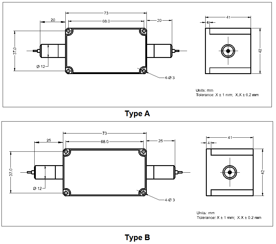 YESWEHAVE PM Isolator 10/20 W 1064 nm dimensions and engineering drawing in mm.