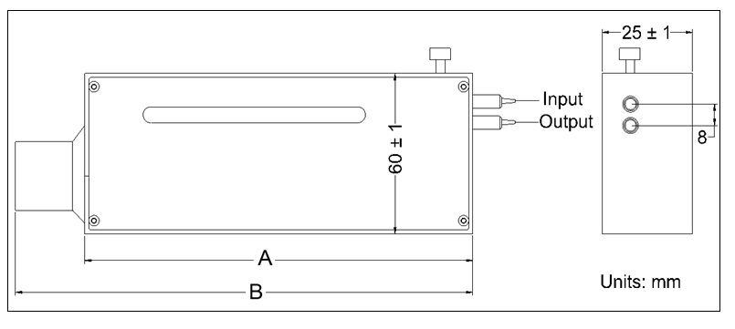 YESWEHAVE Manual Variable Optical Delay Line dimensions and engineering drawing in mm.