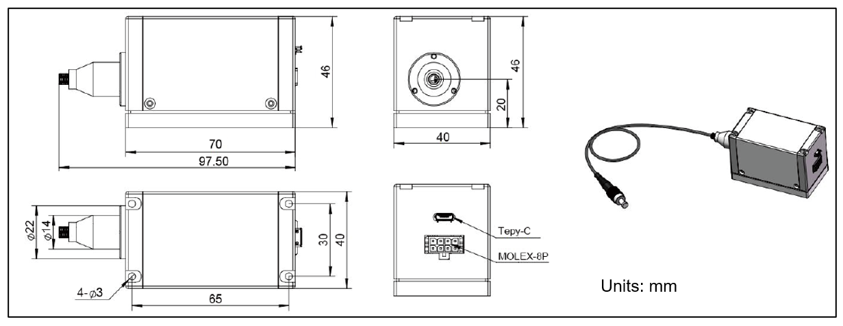 YESWEHAVE VisiStable® Plug-and-Play Fiber-Pigtailed Diode Laser dimensions and engineering drawing in mm.