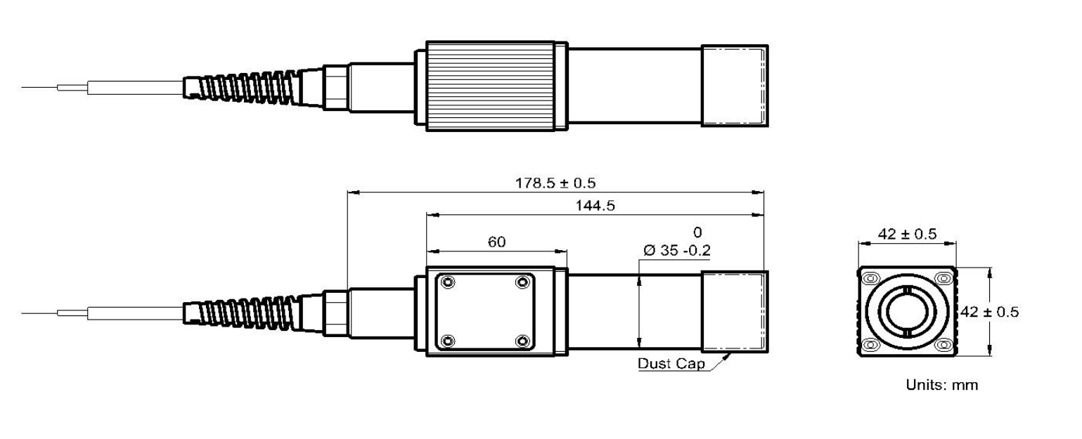YESWEHAVE PM Fiber-to-Free-Space Isolator 30 W 1064 nm dimensions and engineering drawing in mm.