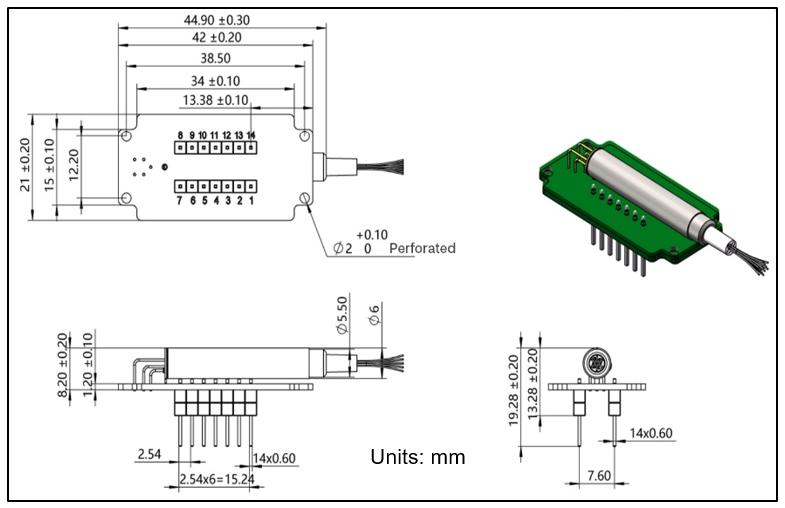 YESWEHAVE MEMS 1xN Switch – PCB Package dimensions and engineering drawing in mm.