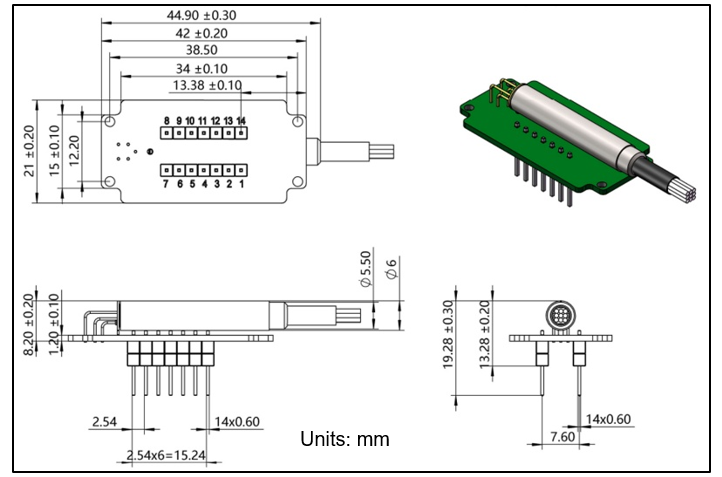YESWEHAVE MEMS 1xN Switch – PCB Package dimensions and engineering drawing in mm.
