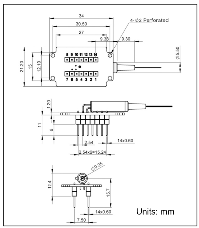 YESWEHAVE MEMS 1xN Switch – PCB Package dimensions and engineering drawing in mm.