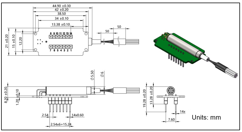 YESWEHAVE MEMS 1xN Switch – PCB Package dimensions and engineering drawing in mm.