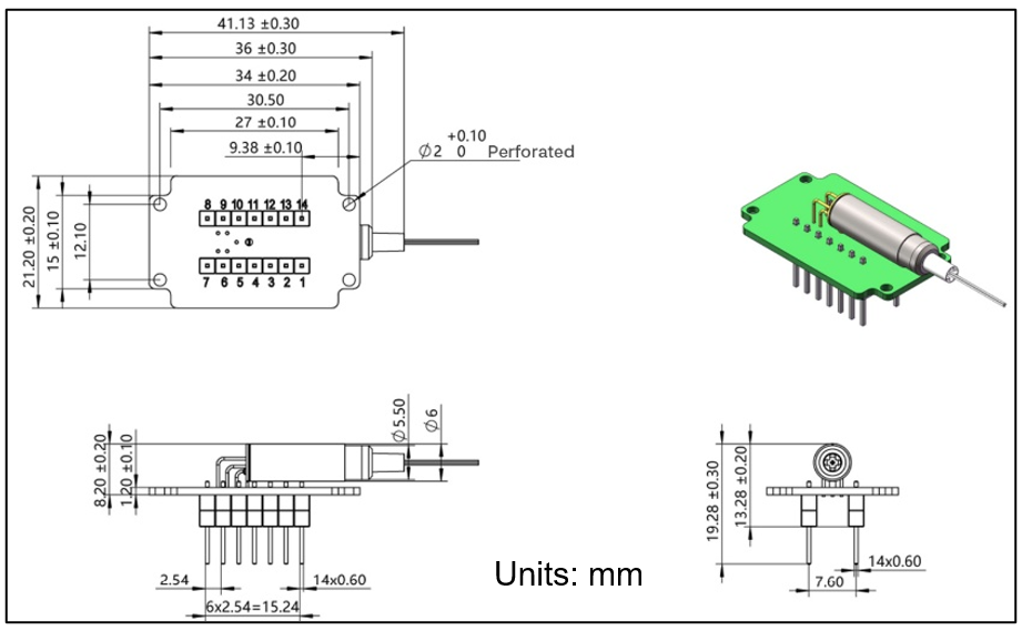 YESWEHAVE MEMS 1xN Switch – PCB Package dimensions and engineering drawing in mm.