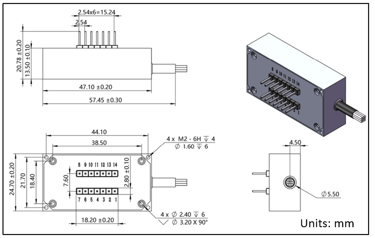 YESWEHAVE MEMS 1xN (2≤N≤64) Optical Switch dimensions and engineering drawing in mm.