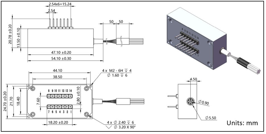 YESWEHAVE MEMS 1xN (2≤N≤64) Optical Switch dimensions and engineering drawing in mm.