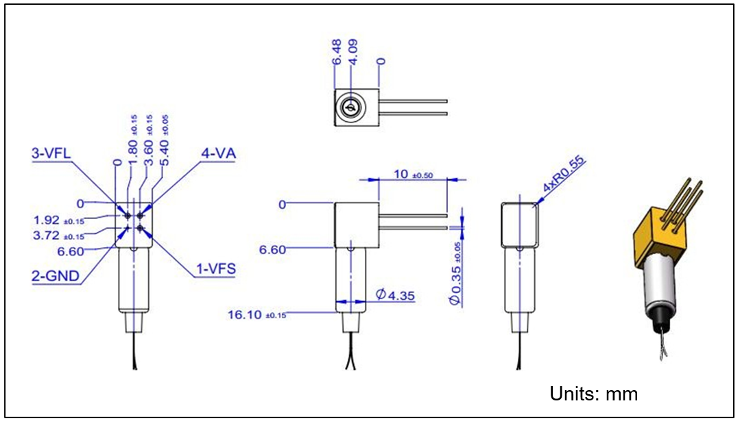 YESWEHAVE Mini Tunable Optical Filter dimensions and engineering drawing in mm.