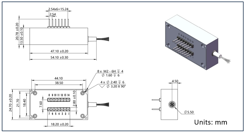 YESWEHAVE MEMS 1xN (2≤N≤64) Optical Switch dimensions and engineering drawing in mm.
