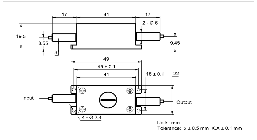 YESWEHAVE Mini High Power Polarization Insensitive Isolator with Bandpass Filter dimensions and engineering drawing in mm.