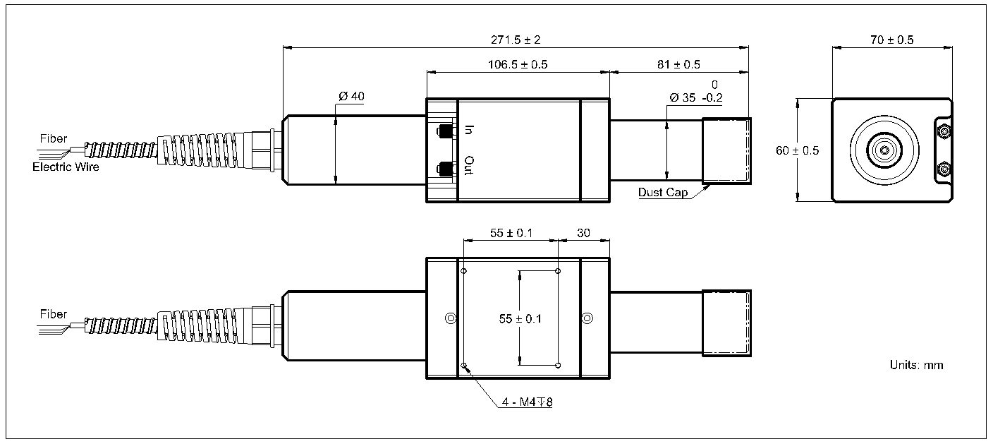 YESWEHAVE 1064 nm 500 W Fiber to Free-space Isolator dimensions and engineering drawing in mm.