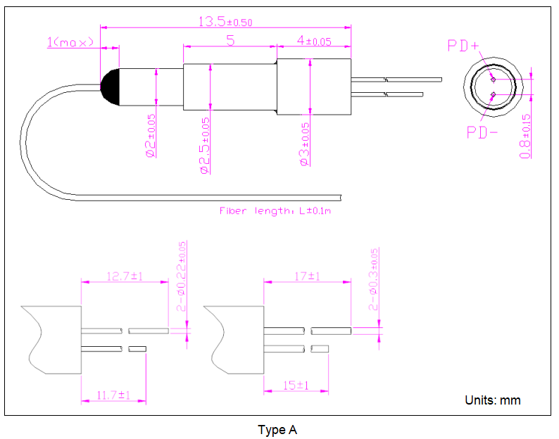 YESWEHAVE Mini PD80 with Pigtail dimensions and engineering drawing in mm.