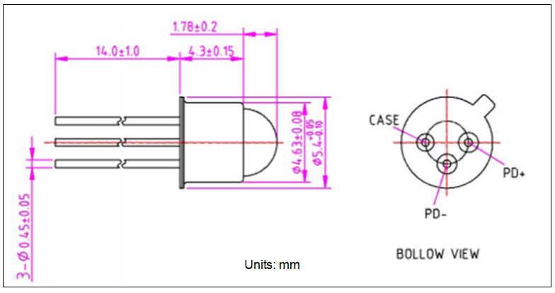 YESWEHAVE PD500-TO46-BL-3 PIN dimensions and engineering drawing in mm.