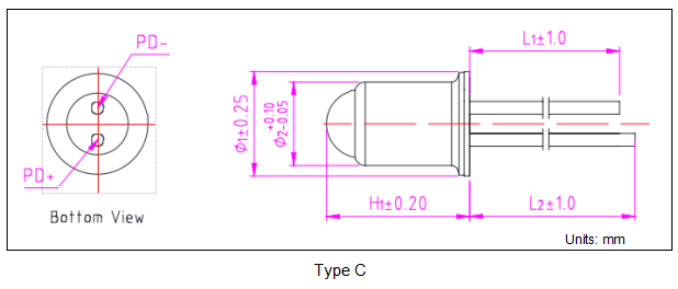 YESWEHAVE PD45-TO25-BL-2 PIN dimensions and engineering drawing in mm.