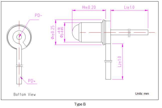 YESWEHAVE PD45-TO25-BL-2 PIN dimensions and engineering drawing in mm.