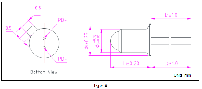 YESWEHAVE PD45-TO25-BL-2 PIN dimensions and engineering drawing in mm.