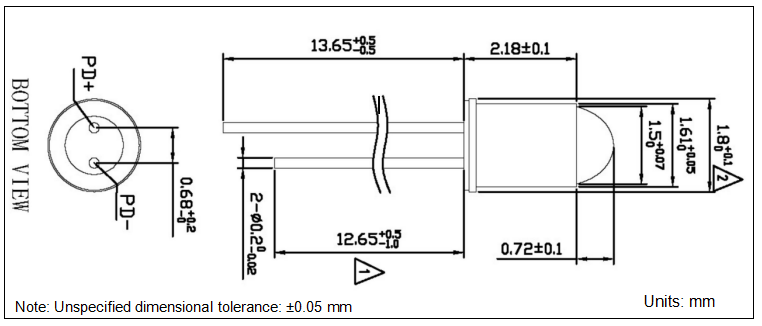 YESWEHAVE PD80-TO18-2 PIN   dimensions and engineering drawing in mm.