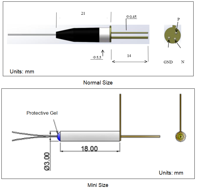 YESWEHAVE Tap Photodetector dimensions and engineering drawing in mm.
