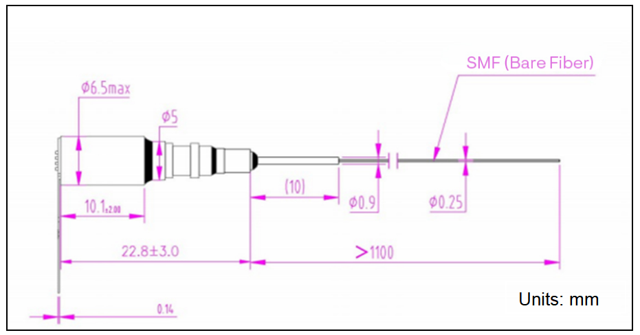 YESWEHAVE TOSA 2.5Gbps with Pigtail dimensions and engineering drawing in mm.
