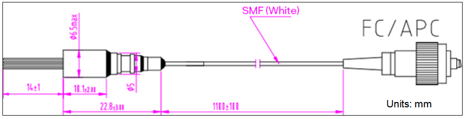 YESWEHAVE TOSA 2.5Gbps with Pigtail dimensions and engineering drawing in mm.