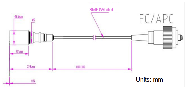 YESWEHAVE TOSA 2.5Gbps with Pigtail dimensions and engineering drawing in mm.